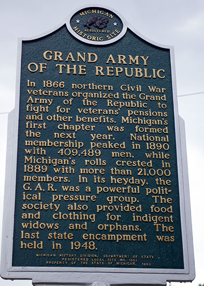 Michigan Historical Marker dedicated to the GAR, a Civil War Veteran's association.  It is located in Marshall. Photo ©2014 Look Around You Ventures LLC.